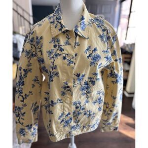 Talbots Jacket Large Stretch Button Front Yellow‎ Blue Floral Cotton Vintage
